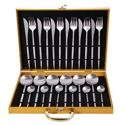 China 2022 New Product Viable Ideas Luxury Portuguese Stainless Steel 18/10 Cutlery Set Wooden Gold 24pcs Gift Box Silverware Flatware Sets for sale