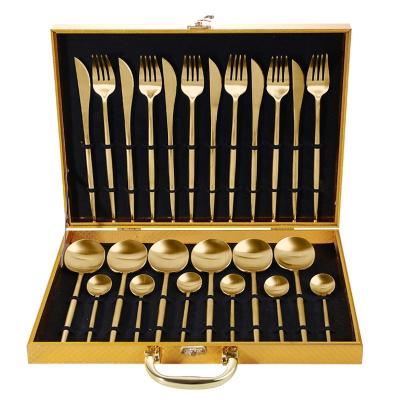 China Sustainable Bulk Luxury Knife Spoon Fork Set Matte Gold Flatware 24pcs Stainless Steel Flatware Sets Cutery Set 24 Pieces With Wooden Gift Box for sale