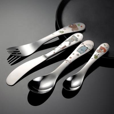 China Beautiful Pattern 18/10 Stainless Steel Kids Cutlery Set Metal 304 Spoon Knife Fork Silverware Minimalist UV Animal Children Set Flatware for sale