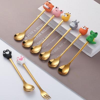 China Beautiful Viable Gold Food Grade Honey Coffee Tea Spoon Kids Stainless Steel Dessert Spoons And Fork Set With Cartoon Animal Decoration for sale