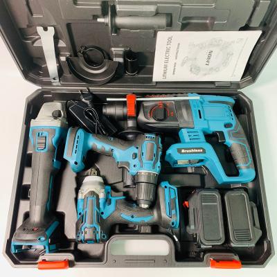 China Factory Price DIY Popular 4 - Piece Power Tools Set Combo Impact Wrench Angle Grinder Cordless Electric Hammer Drill Set Tool Kit for sale