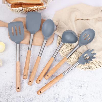 China Kitchen Accessories Cookware Non Stick Food Grade Handle Silicone Kitchen Utensils Heat Resistant Wooden Set for sale