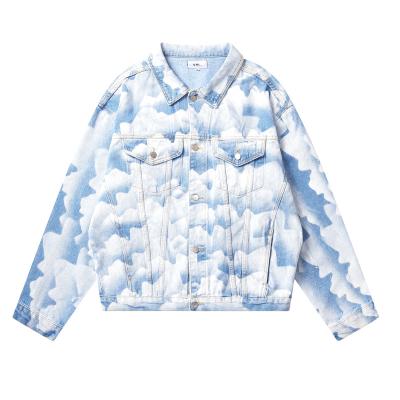 China Factory Supply Turn-Down Wholesale Custom QUICK DRY Sky Collar White Clouds Wash OVERSIZED Printed Denim Jacket for sale