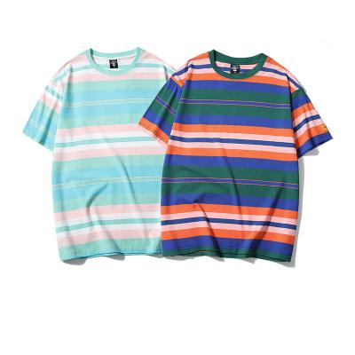 China Striped Couple Stain Cotton Stock Summer Anti-Shrink Short Sleeve Loose T-Shirt for sale