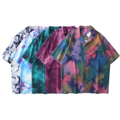 China Vintage Printed Design Anti-pilling Tie Dye 100% Polyester Mens Clothing Beach Hawaiian Shirt Short Sleeve for sale