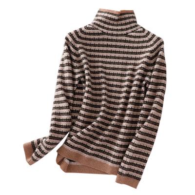 China Breathable Customized Design Padded Color Blocking High Neck Wool Sweater For Women for sale