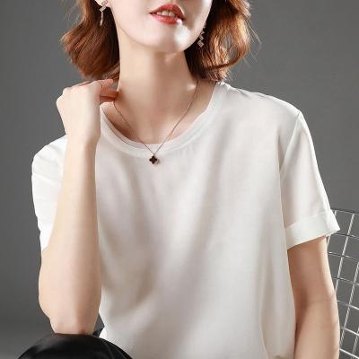 China Breathable Silk T-shirt Women's Loose Top Short Round Neck Blouse Solid Silk Short Sleeve for sale