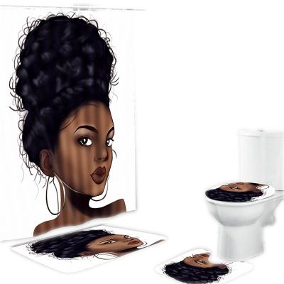 China Funny Custom Waterproof 3D African American Girl Black Funny Cartoon Bathroom Bath Covers Shower Curtain Set for sale