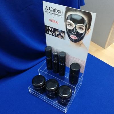 China Acrylic Facial Mask Display Customized Logo Sticker Perpex Cosmetic Organizer Acrylic Facial Mask Show Retail Acrylic Cosmetic Display Stand for sale