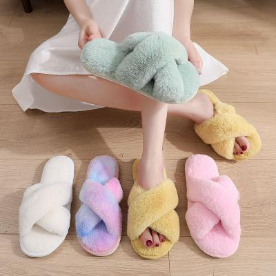 China Flat Soft Flip Flops Ladies Fur Floor Indoor And Outdoor Slippers Faux Fluffy Women Plush Slippers Fashion Trend Comfortable Cross Fur for sale