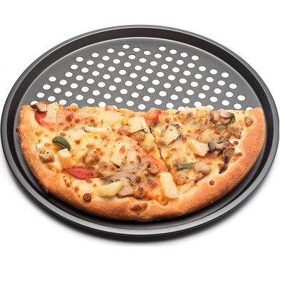 China Sustainable Perforated Carbon Steel Non-Stick Pizza Baking Pan Tray Home Kitchen Baking Tools Pizza Plate Dishes Holder Bakeware for sale