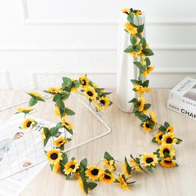 China DIY Sunflower Ivy Vine Garland Artificial Rattan Silk Flowers With Green Leaves Long Cane For Attic Decoration for sale