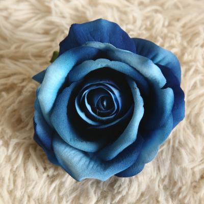 China OEM Promotional Floral Decor Faux Roses Velvet Large Rose Blue Artificial Flower Heads For Fake Flower Garland for sale