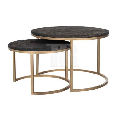 China Modern Chic Round Top Black Wood Base Adjustable Metal Frame Gold Finish Wood Coffee Table Set (Size) for sale