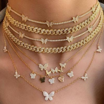 China Customization Ornaments Hot Sale Women Fashion Jewelry Women Fashion Jewelry Star Moon Flower Butterfly Paperclip Charm Chain Zircon Copper Plated Gold Girl Chokers Necklace for sale