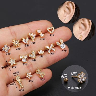 China Customization Ornaments Creative Heart Shape Star Gold Jewelry Fashion Piercing Copper Zircon Gem Ear Bone Screws Rhinestone Women Stud Earrings for sale