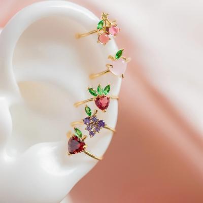 China Customization Ornaments Hot Cheap Cute Metal Gold Plated Removable Earring Girls Cherry Peach Fruit Earring Women Jewelry Color Zirconium Clip Earring For Ladies for sale