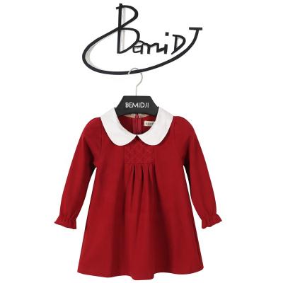 China Lovely children's version of the lace long sleeves lapel long sleeves lace dress autumn wear pearl red pure color polyester breathable princess skirt for sale