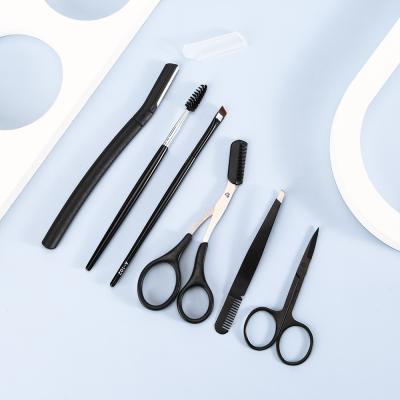 China Styles Black Cosmetic Tools 6pcs Eyebrow Brushes Scissor Tweezers Set With Razor for sale