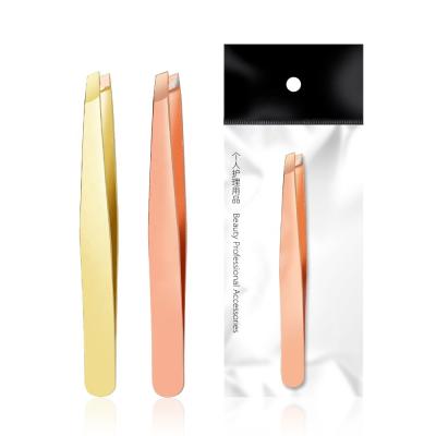 China Styles fast shipping 5 days Rose Gold Slanted Eyebrow Tweezers Anti-static Logo Stainless Steel Gold Eyelash Tweezers Customized for sale