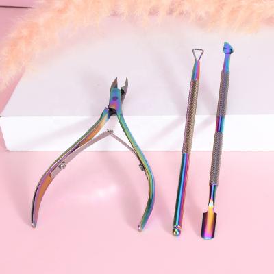 China Durable 3pcs Manicure Pedicure Set Colored Titanium Nail Cuticle Nipper Stainless Steel Tweezers With Pusher Weave Remover for sale