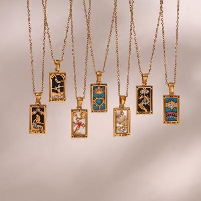 China Colorful Vintage Square Enamel Zircon Tarot Cards Pendant Necklace 18K Gold Plated Stainless Steel Necklaces For Women for sale