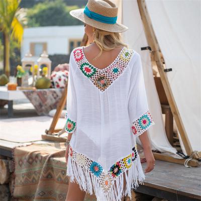 China Waistline Cover Up Bikini Sleeves Irregular Fringe Knitted Beach Dress Hand-crocheted Three Quarter Strapless Ethnic Plus Summer for sale