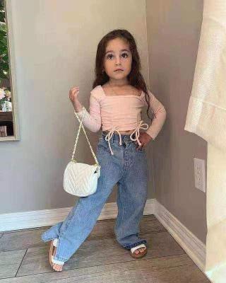 China Latest 2022 Casual Kids Girls Cool Clothing Sets Cotton Pink Crop Top Denim Wide Leg Pants Baby Suit 2 Piece Set for sale