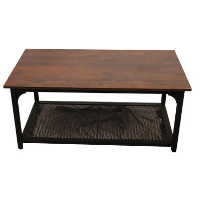 China Brown Storage Shelf Stable Industrial Two Tier Rectangle Rustic Home Office Coffee Table With Strong Metal Frame for sale