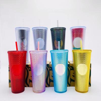 China Custom Grid Viable Matte Pineapple Plastic Coffee Mug 2021 New 24OZ Glitter Durian Cup Studded Tumbler With Lid And Straw for sale