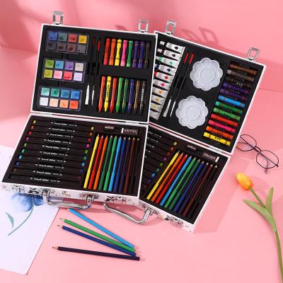 China Portable Case 48/64 Piece Watercolor Pen And Color Pencil Marker Pen For Children Art Drawing Set Wooden Gift Box for sale