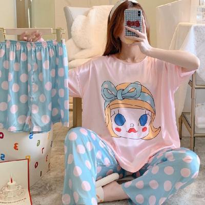 China Summer Girl Night Suit Sleep Wear Lady QUICK DRY Three Pieces Piyama Set Pajamas Silk Women Short Sleeves Satin Sleepwear for sale