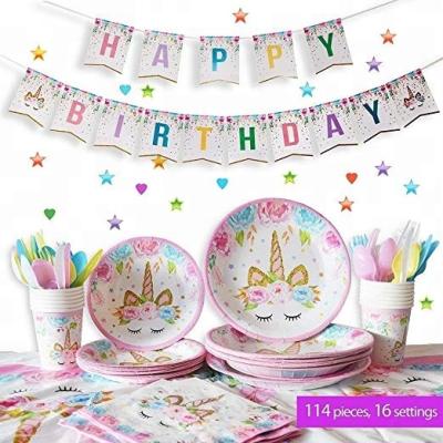 China To Wedding Unicorn Party Supplies Tableware Set Serves 16 114 Pieces Perfect for Girls Birthday and First Birthday for sale