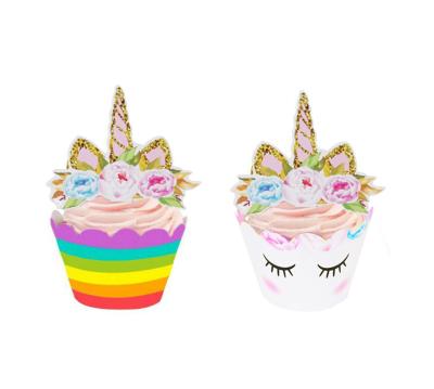 China Unicorn Party Paper Suppliers, Happy Birthday Decoration Cake Cup Topper+24pcs Wrapper for sale