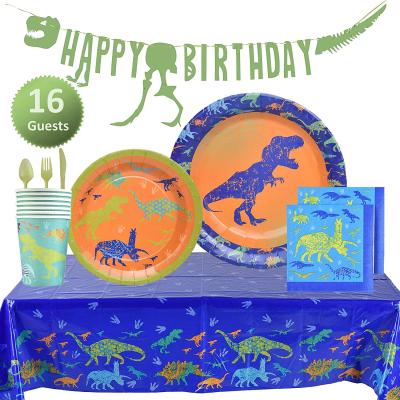 China Birthday Party My Greca Dinosaur Party Supplies Set - Dishes, Cups, Napkins, Happy Birthday Banner, Table Cover, Cutlery Kit - Serves 16 for sale