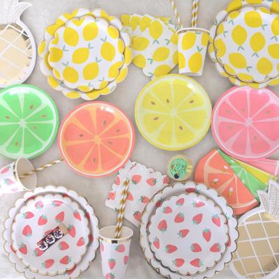 China Custom Paper Plate Paper Cups Disposable Fruit Shape Tableware Kids Birthday Party Decorations Wedding Supplies for sale