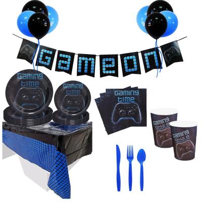 China Brithday Print Party Personalized Video Game Party Supplies Set Including Banner, Dishes, Cups, Napkins, Table Cloth, Tableware for sale