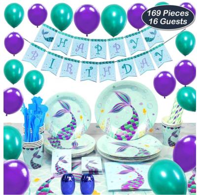 China Paper Supplies Kit Favors Girls Birthday Decoration, Mermaid Party Banner Utensils Straws Napkins Cups Lids Table Cutlery Bag for sale