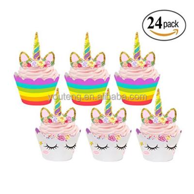 China Brithday Party Yiwu Party Supplies Double Sided Unicorn Cupcake Toppers And Wrappers Kids Party Cake Decorations Set Of 24 for sale