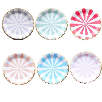 China 300 gms white board colorful striped paper plates bombs utensils paper tableware pink sets dish for wedding birthday party decor for sale