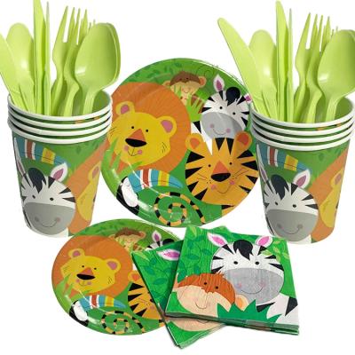 China Disposable Sets 16 Jungle Animals Party Supplies Dishes Kids Birthday Baby Shower Decorations Paper Cups Napkins Dishes for sale