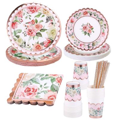 China Brithday Party Vintage Floral Party Supplies Rose Gold Serves 16 Includes Paper Plates Cups Napkins Floral Straws For Baby Shower Dishes for sale