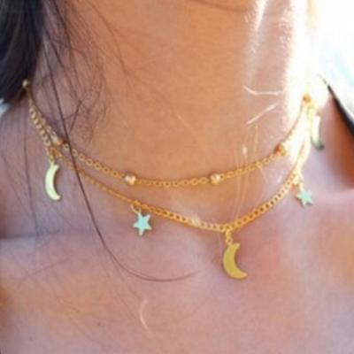 China 2021 new fashion casual wholesale gold star moon necklace short punk necklace for sale