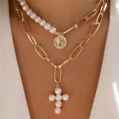 China Casual Fashion Pearl Chain Necklace For Women Cross Pendant Gold Plated Jewelry Necklace for sale