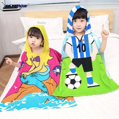 China Disposable Lovely Animal Printed Kids Hooded Kids Swim Surf Poncho Beach Towel for sale