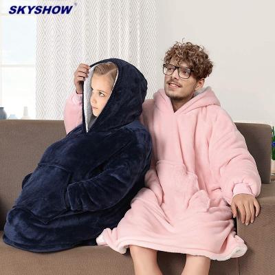 China Wholesale High Quality Wearable Fleece Sherpa Plush Flannel Pocket Hoodie Oversized Warm Blanket for sale