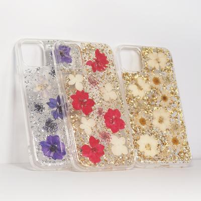 China Real Shockproof Colorful Glitter Flower Resin Gold Foil Dry Cell Phone Cover Case For iPhone 13 12 11 Pro Max for sale