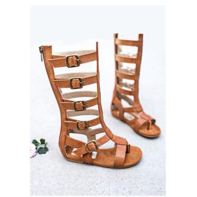 China Anti-Smell Spring Summer Collection Stunning Shoes for Girls Classic Knee High Leather Gladiator Sandals Boots in Brown for sale