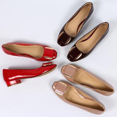 China 2022 New Pattern Metal Buckle Square Toe Patent Leather Women Pumps Low Heels Flat Shoes for sale