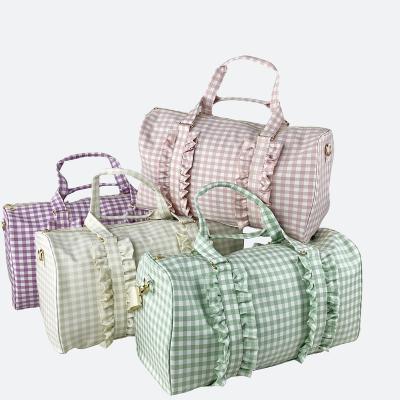 China Sports shoulder duffel bag stock no MOQ woman nylon lotus leaf edge tendrils square weekend bag gingham duffel bag ruffle bag handbag for sale